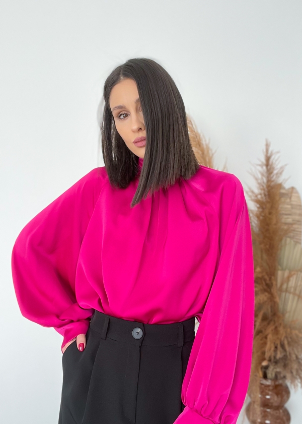 Дамска сатен риза с голяма панделка на гърба/ студена циклама