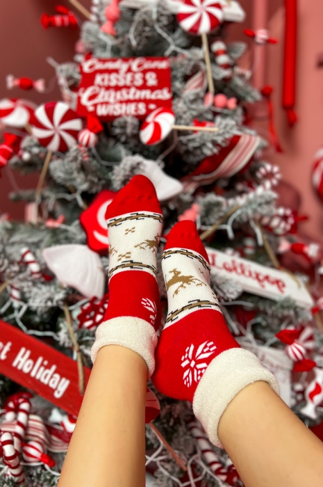 Коледни дамски чорапи/ червено и екрю
