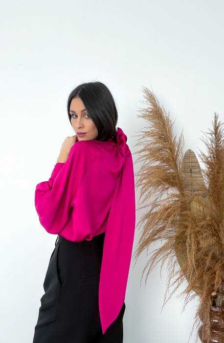 Дамска сатен риза с голяма панделка на гърба/ студена циклама